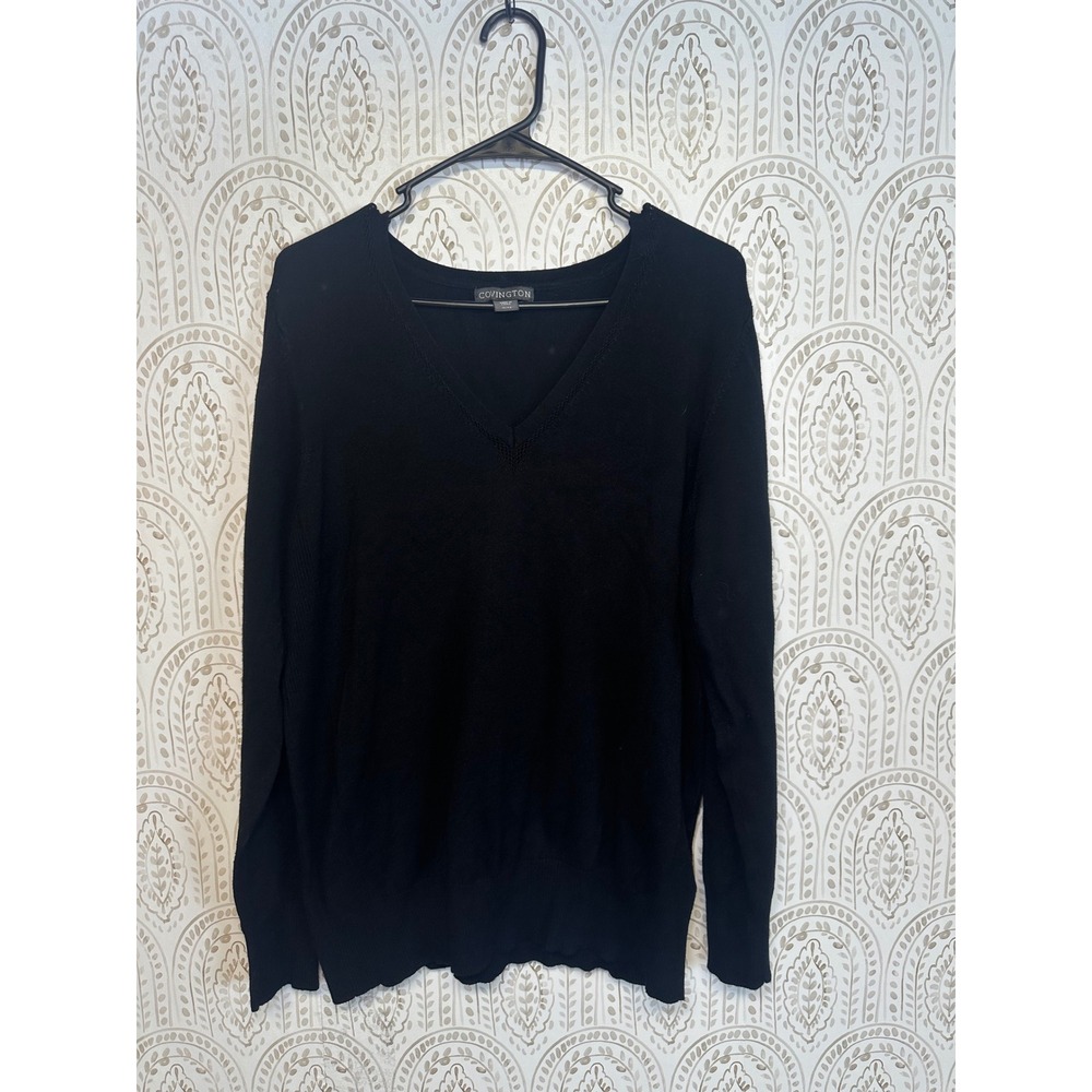 Covington‎ V-Neck Sweater Women XL Black Pullover Rayon Blend Long Sleeve Solid